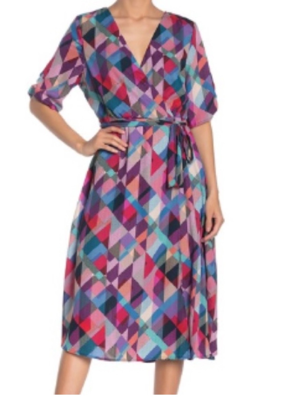 Bobeau Geometric Colorful Faux Wrap Midi Dress Size L